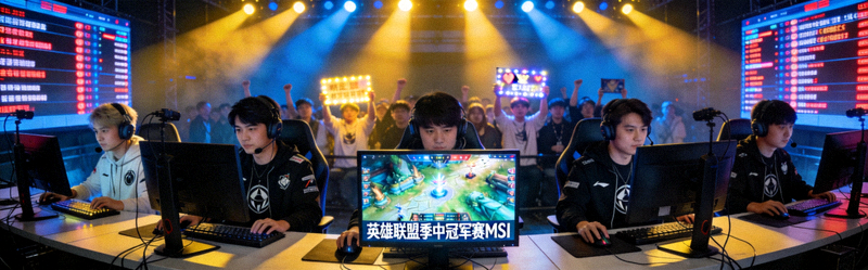 电子竞技英雄联盟季中冠军赛MSI比赛现场 - 选手在聚光灯下专注操作
